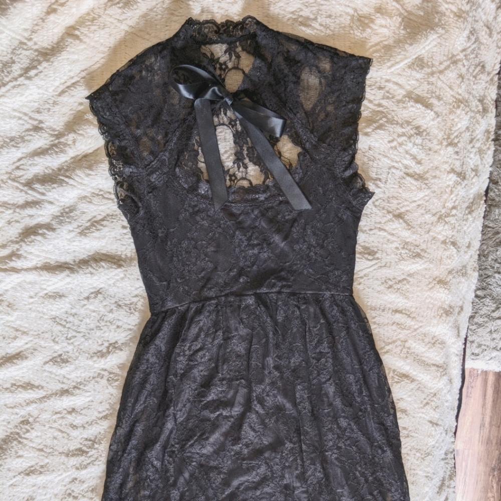 Hot Black Lace Dress with Ribbon Bow at Neck